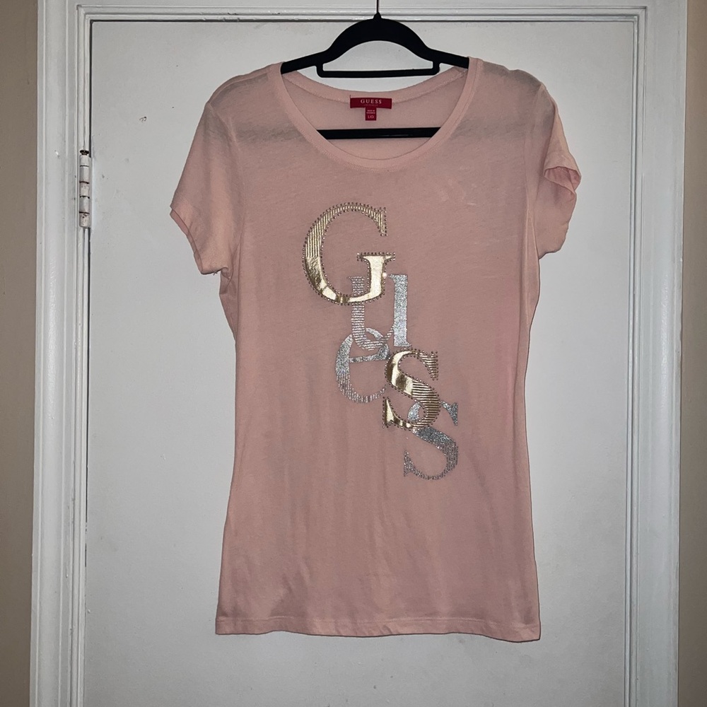 Pink Large Guess Bling/Glitter Tee Shirt